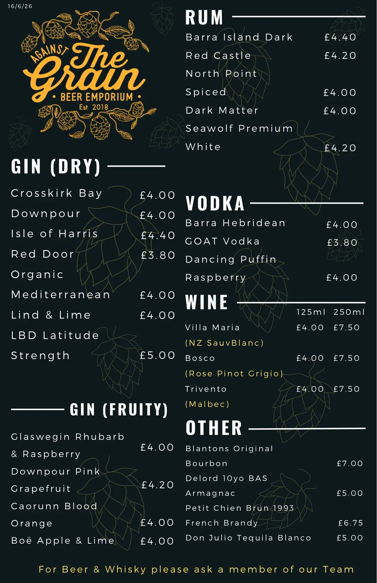 Full drinks menu listing spirits, wines and soft drinks at Against The Grain pub in Elgin